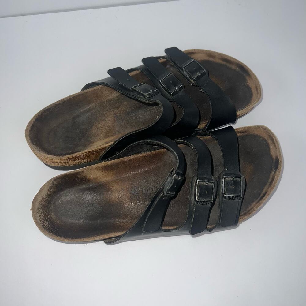 Birkenstock Florida Black Leather Buckle Used Triple Strap Sandals Size 42 - Picture 7 of 16